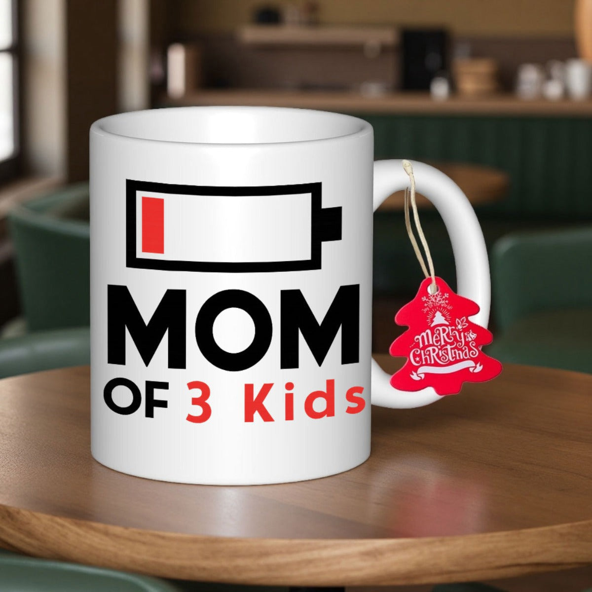Tailorly White Ceramic 11 oz Mug - Mom Of 3 Kids Minimalist Horizontal Electronic Icon Showing Red Low Power Energy Status Battery