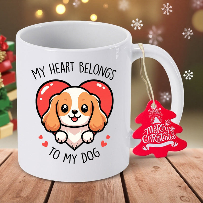 Tailorly White Ceramic 11 oz Mug - My Heart Belongs To My Dog Adorable Cartoon Puppy Peeking From Large Red Heart Surrounded By Small Hearts Dog
