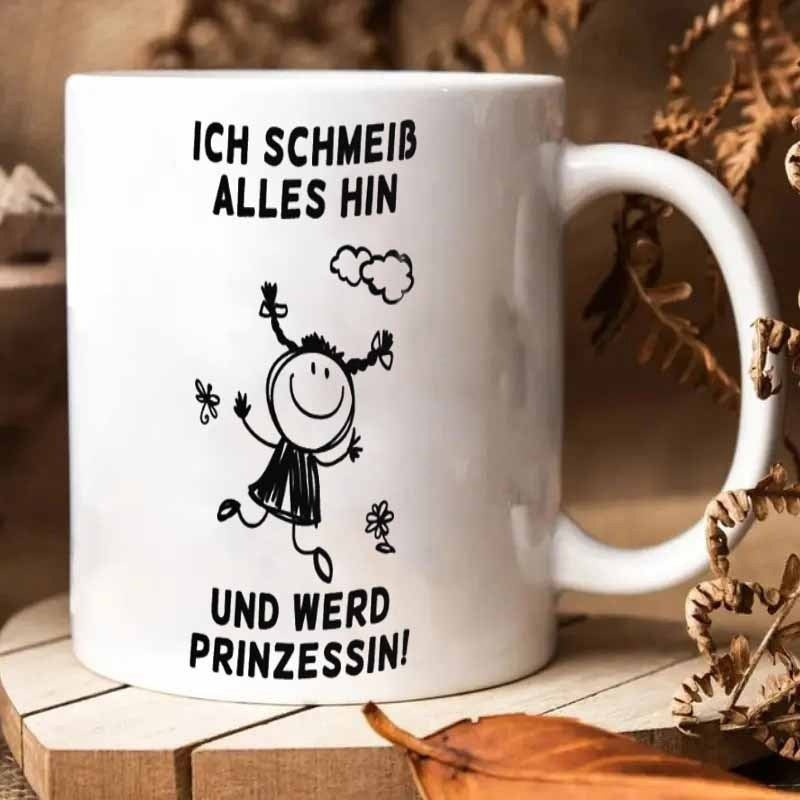 Tailorly White Ceramic 11 oz Mug - Hand Drawn Sketchy Cartoon Of A Happy Jumping Young Princess Girl