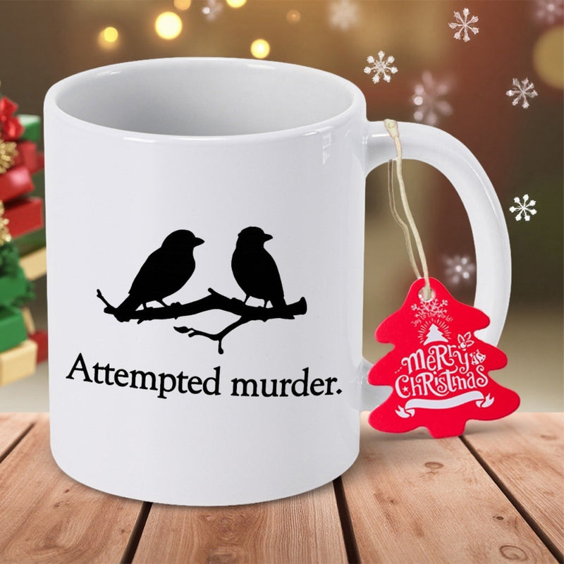 Tailorly White Ceramic 11 oz Mug - Attempted Murder Two Black Bird Silhouettes Perched On A Winter Branch Crow