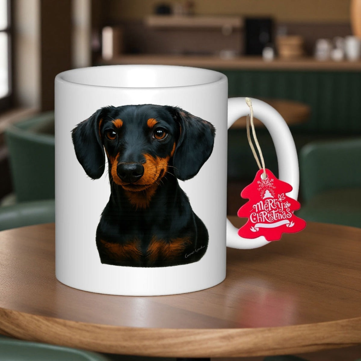 Tailorly White Ceramic 11 oz Mug - Merry Christmas Realistic Black And Tan Smooth Coated Attentive Eyes Dachshund