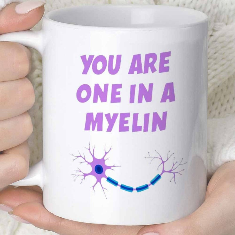Tailorly White Ceramic 11 oz Mug - You Are One In A Myelin Scientific Biological Nerve Cell Structure With Purple Nucleus And Blue Sheath Neuron