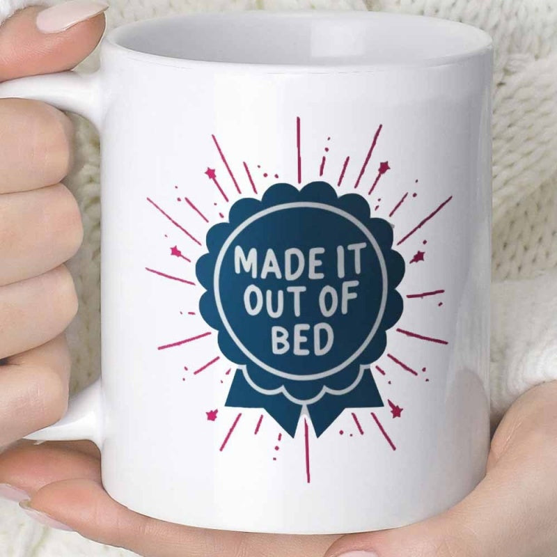 Tailorly White Ceramic 11 oz Mug - Made It Out Of Bed Stylized Blue Scalloped Award Ribbon With Radiant Red Sparking Lines Decorative Badge