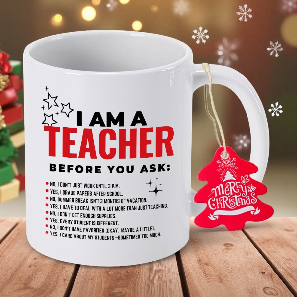 Tailorly White Ceramic 11 oz Mug - I Am A Teacher Before You Ask Twinkling Decorative Elements Among Bold Impactful Black And Red Lettering Stars