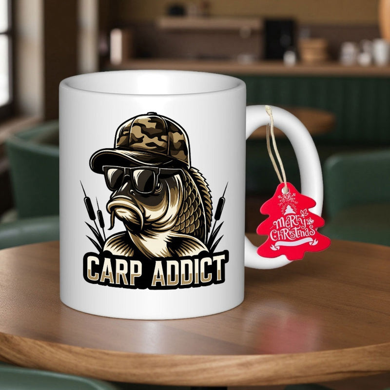 Tailorly White Ceramic 11 oz Mug - Carp Addict Cool Carp With Camouflage Hat And Sunglasses Among Marsh Reeds Fish