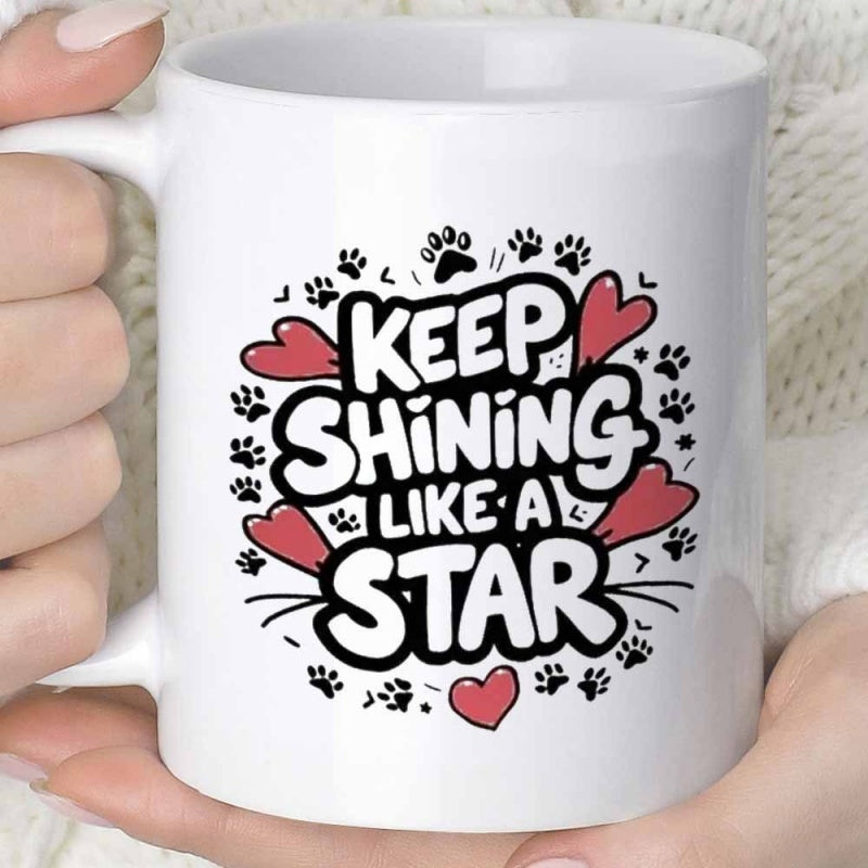 Tailorly White Ceramic 11 oz Mug - Keep Shining Like A Star Adorable Small Paw Prints And Floating Red Hearts Around Glowing Bold Quote