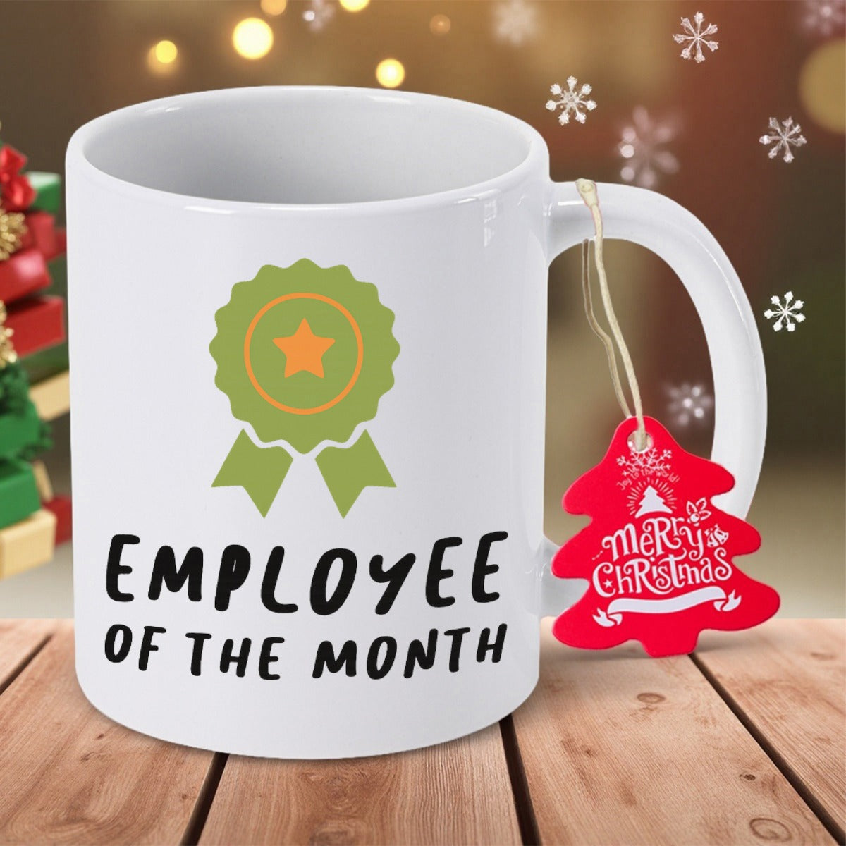 Tailorly White Ceramic 11 oz Mug - Employee Of The Month Merry Christmas Pure Displaying An Award Ribbon With A Star Mug