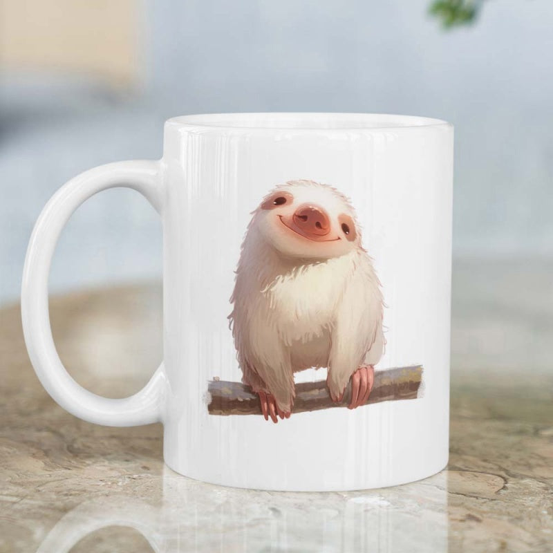 Tailorly White Ceramic 11 oz Mug - Cute Smiling Fluffy Animal Sitting On A Horizontal Tree Branch Sloth