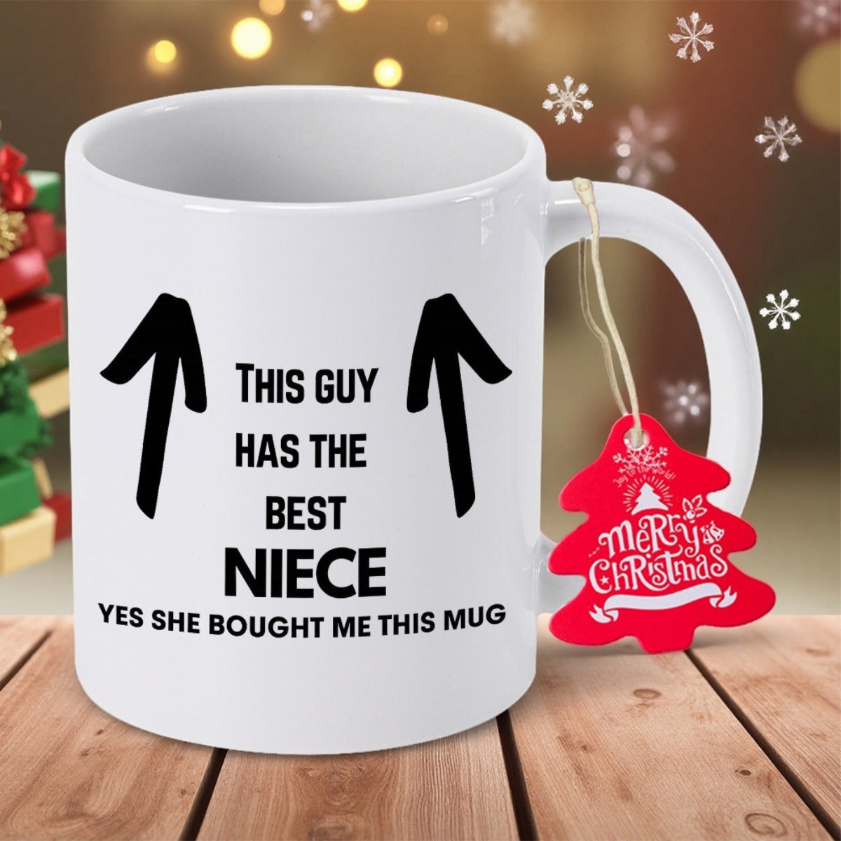 Tailorly White Ceramic 11 oz Mug - This Guy Has The Best Niece Yes She Bought Me This Mug Merry Christmas Minimalist Symmetrical Black Arrows Centered On A Glossy