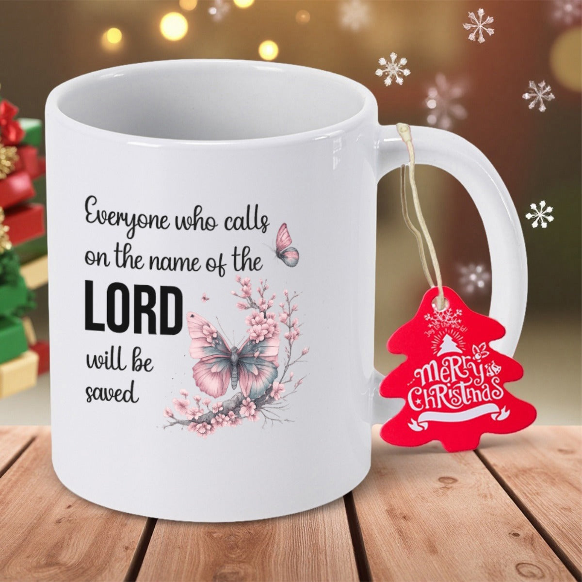 Tailorly White Ceramic 11 oz Mug - Everyone Who Calls On The Name Of The Lord Will Be Saved Delicate Pink Floral Branches With Soft Painted Fluttering Wings