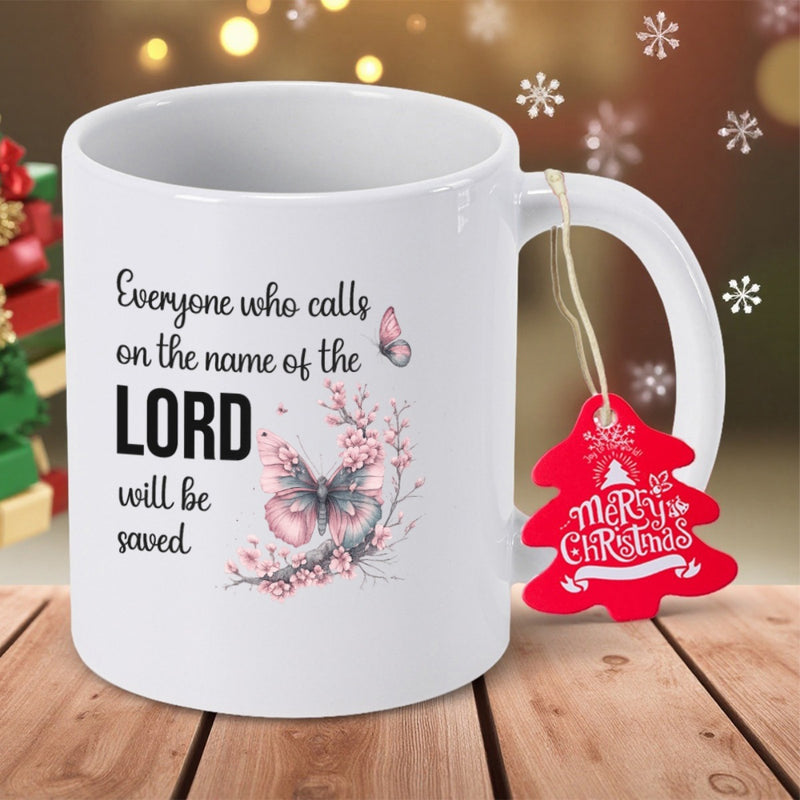 Tailorly White Ceramic 11 oz Mug - Everyone Who Calls On The Name Of The Lord Will Be Saved Delicate Pink Floral Branches With Soft Painted Fluttering Wings