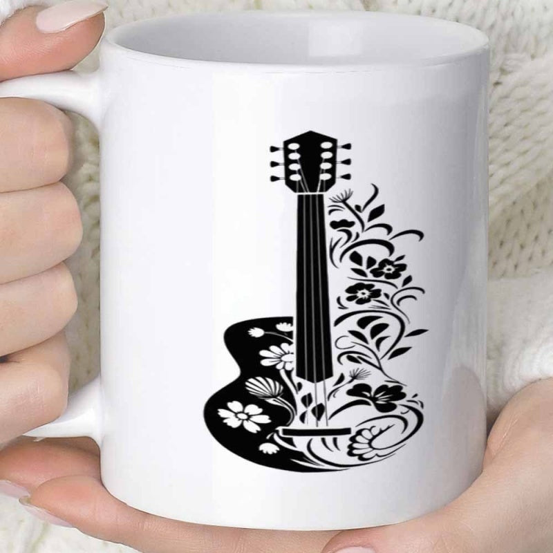 Tailorly White Ceramic 11 oz Mug - Elegant Musical Instrument Silhouette Blended With Artistic Black And White Floral Vines Guitar