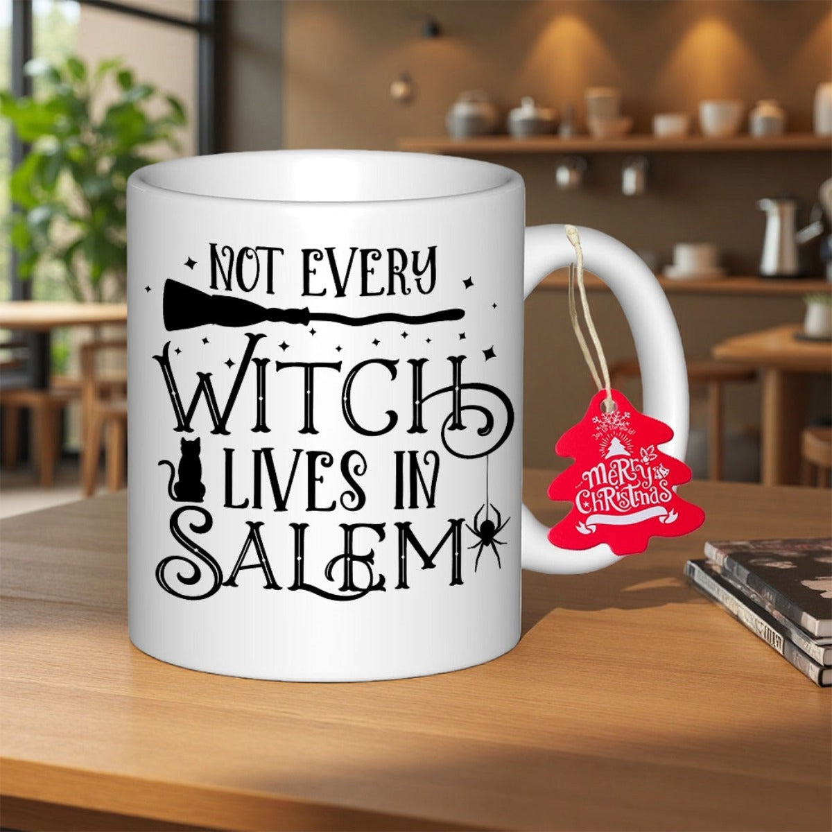 Tailorly White Ceramic 11 oz Mug - Not Every Witch Lives In Salem Stylized Black Broomstick Combined With Silhouette Cat And Dangling Spider Witch