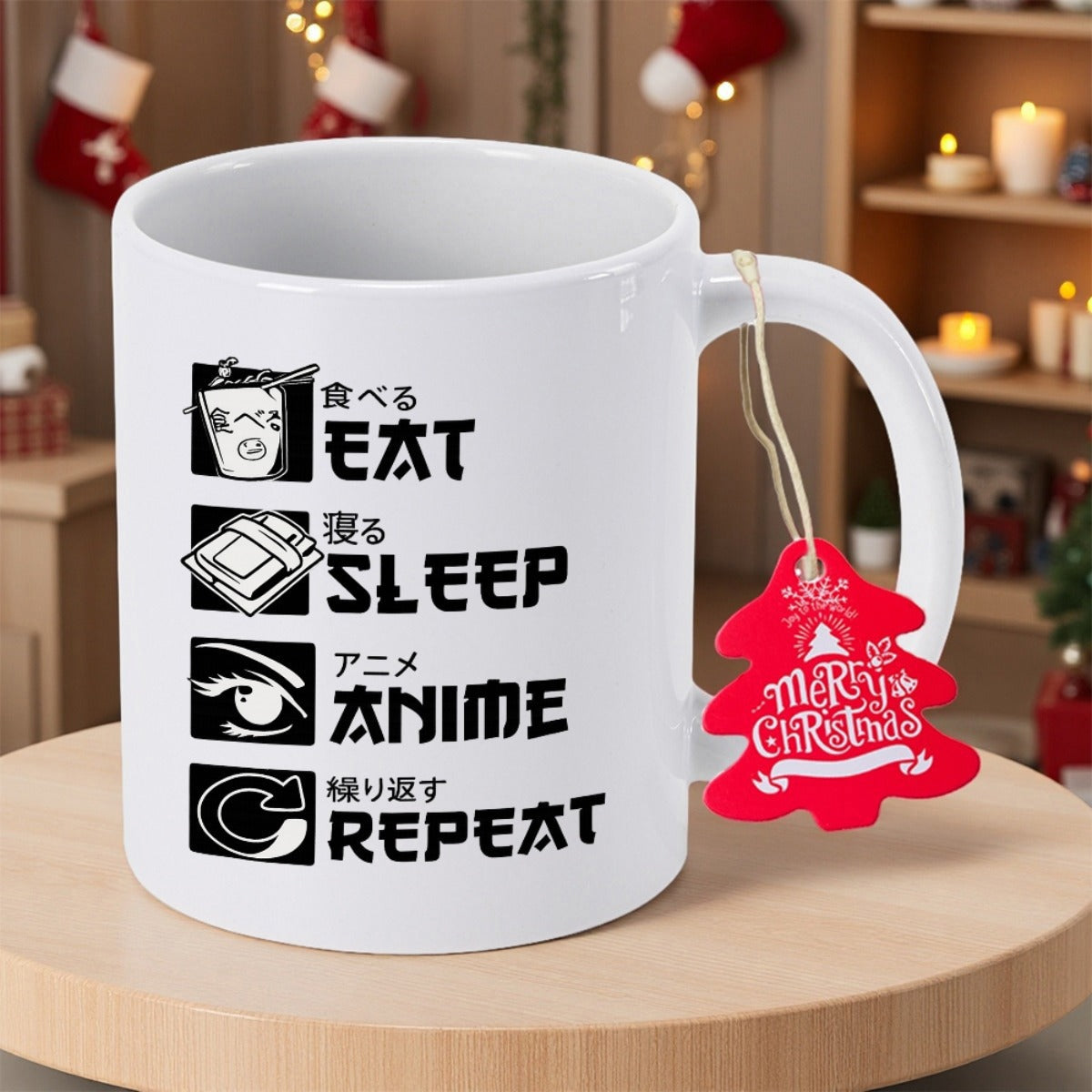 Tailorly White Ceramic 11 oz Mug - Eat Sleep Anime Repeat Simple Line Art Symbols Representing Daily Routine Of Enthusiasts Mug