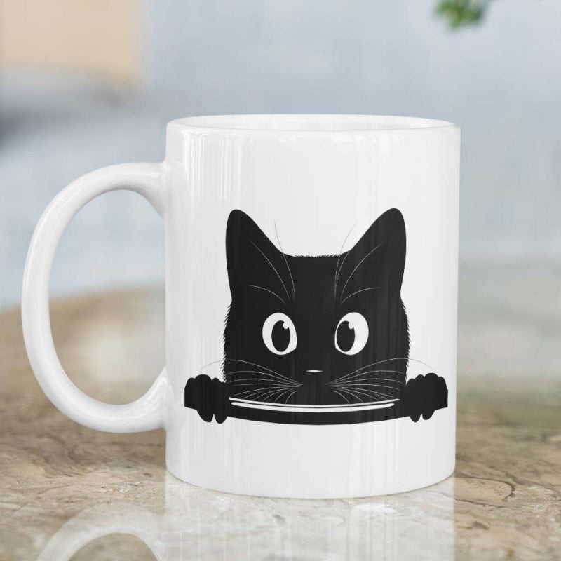 Tailorly White Ceramic 11 oz Mug - Minimalist Silhouette Of A Curious Peeking Black Kitten With Large Eyes Cat