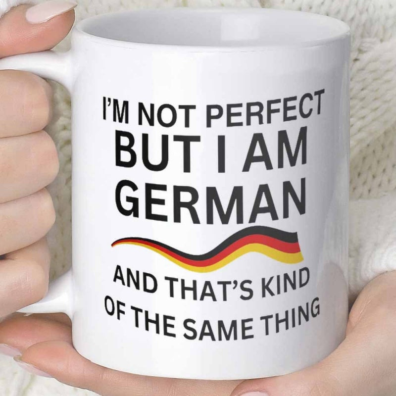 Tailorly White Ceramic 11 oz Mug - Im Not Perfect But I Am German And Thats Kind Of The Same Thing Stylized Wavy Ribbon Featuring National Colors Of Black Red And