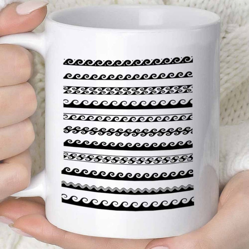 Tailorly White Ceramic 11 oz Mug - Elegant Minimalist Black And White Repeating Geometric Horizontal Swirl Decorative Waves