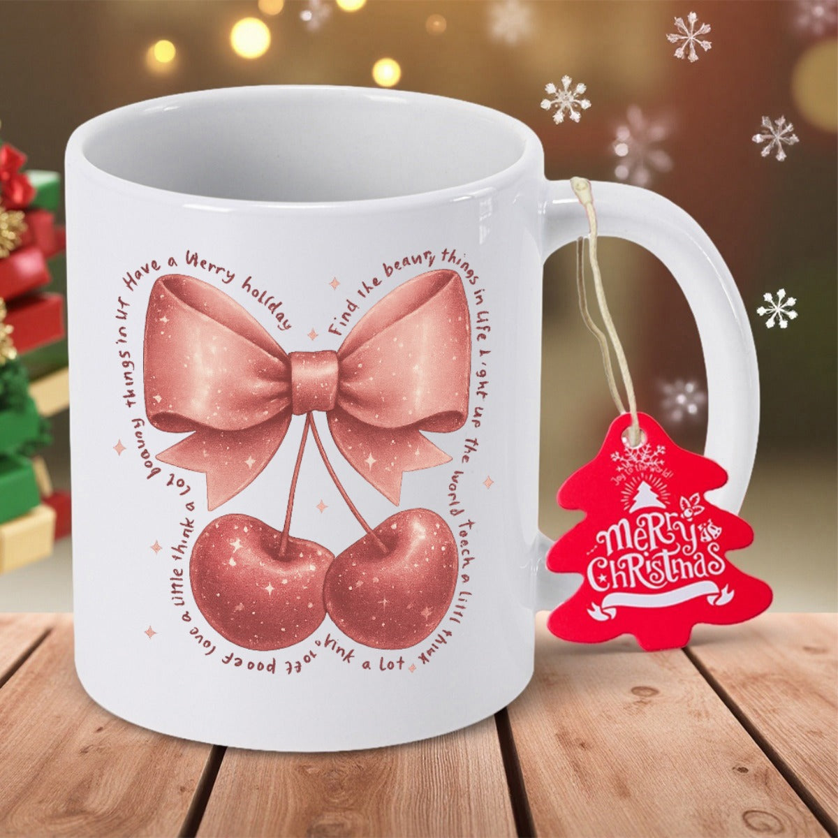 Tailorly White Ceramic 11 oz Mug - Have A Merry Holiday Find The Beauty Things In Life Elegant Pink Ribbon Bow Tied Above Two Sweet Red Cherries