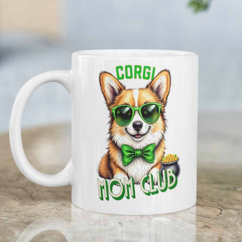 Tailorly White Ceramic 11 oz Mug - Corgi Mom Club Adorable Smiling Dog Wearing Green Sunglasses And Bow Tie Next To Pot Of Gold Corgi