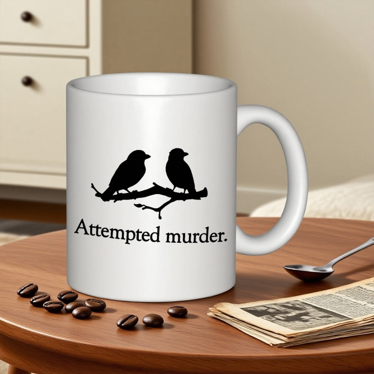 Tailorly White Ceramic 11 oz Mug - Attempted Murder Two Minimalist Black Bird Silhouettes Perched Upon A Single Branch Bird