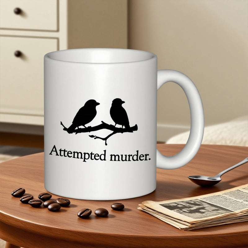 Tailorly White Ceramic 11 oz Mug - Attempted Murder Two Minimalist Black Bird Silhouettes Perched Upon A Single Branch Bird