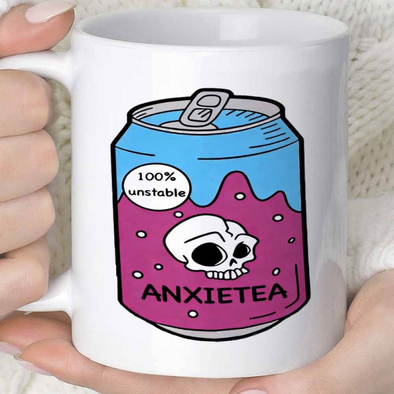Tailorly White Ceramic 11 oz Mug - Unstable Anxietea Vibrant Beverage Can With Stylized Skull Among Effervescent Bubbles Soda Can