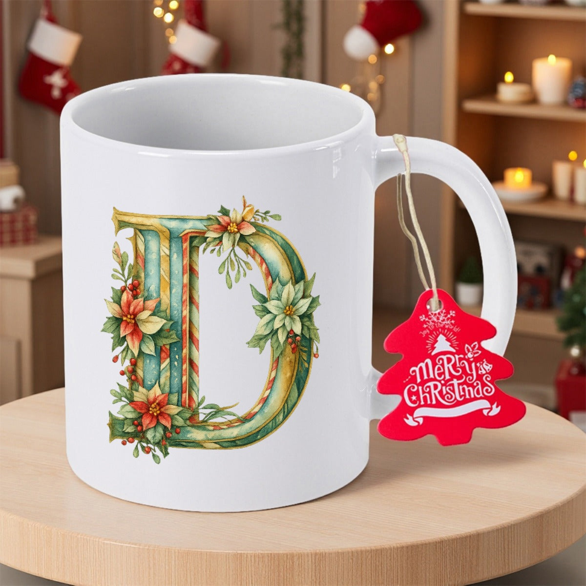Tailorly White Ceramic 11 oz Mug - D Decorative Watercolor Style With Red Poinsettias And Green Festive Leaves Initial