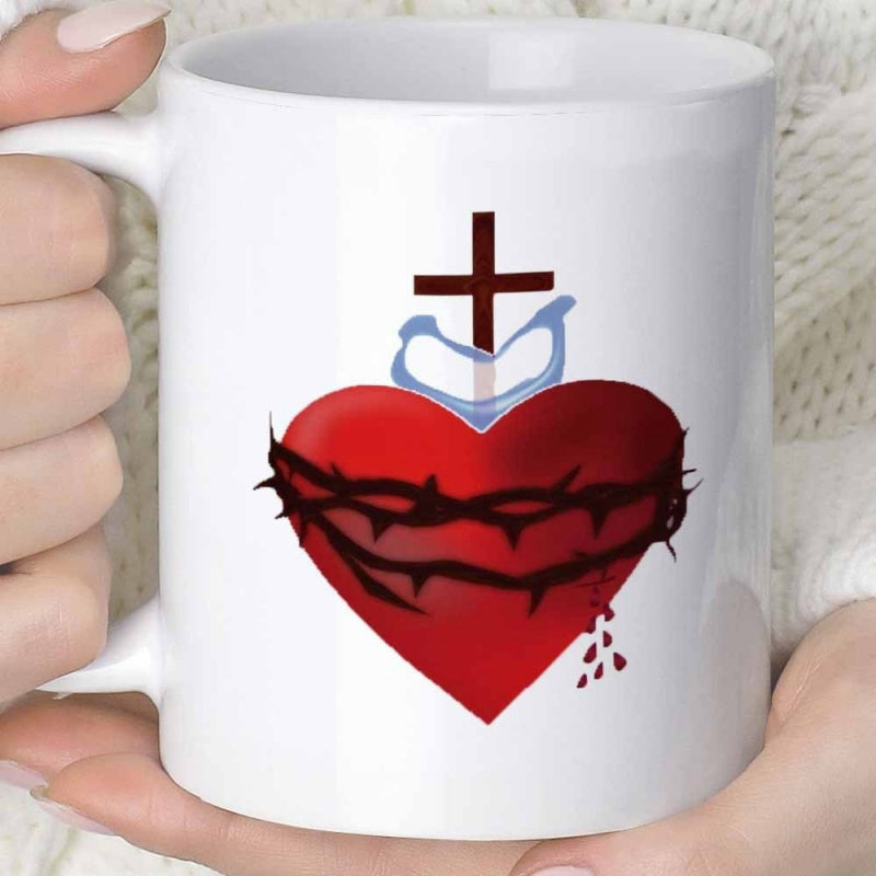 Tailorly White Ceramic 11 oz Mug - Traditional Sacred Red Heart Wrapped In Thorns With Holy Cross Heart