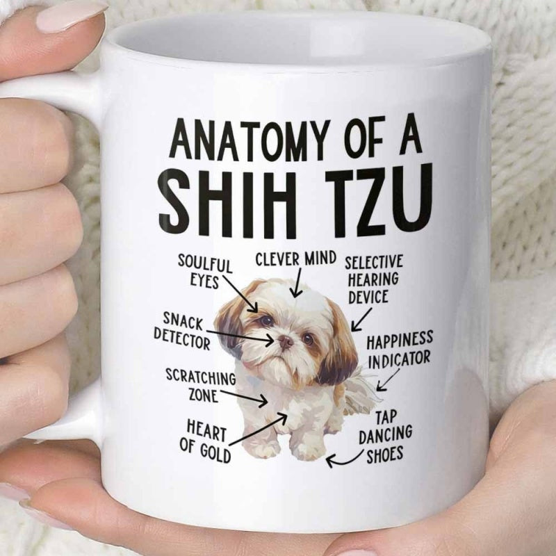 Tailorly White Ceramic 11 oz Mug - Anatomy Of A Shih Tzu Charming Furry Pet With Arrows Pointing To Body Parts Dog