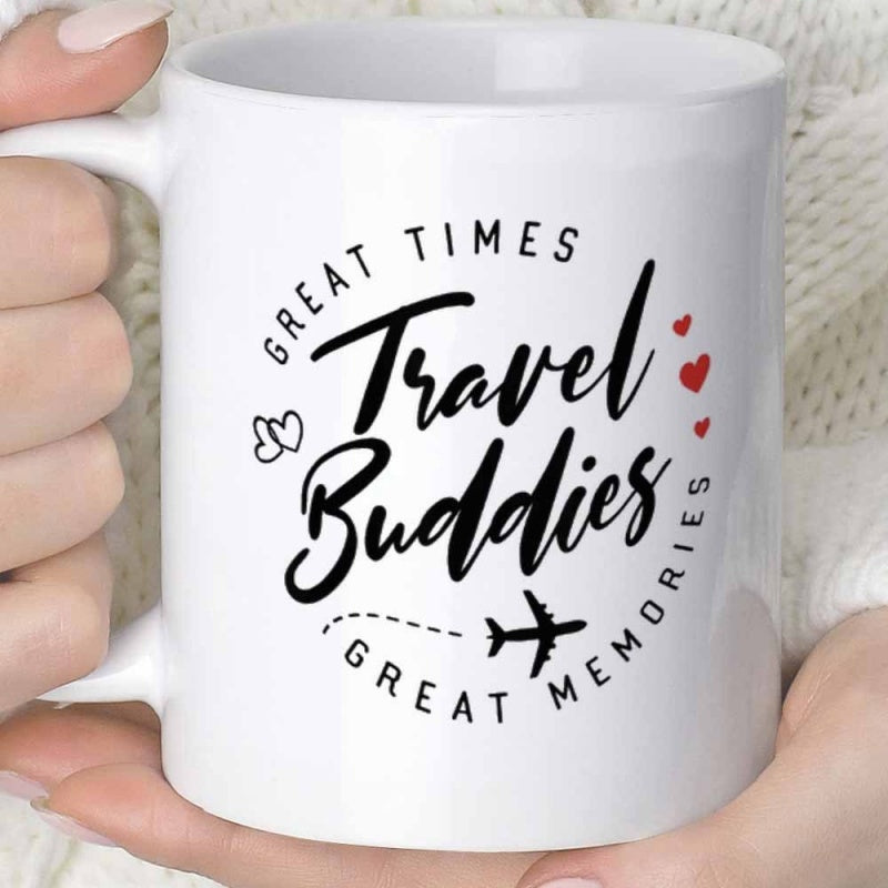 Tailorly White Ceramic 11 oz Mug - Great Times Travel Buddies Great Memories Minimalist Hearts With Airplane Flying Along Dotted Path Design