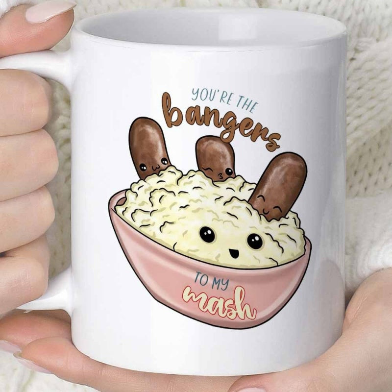 Tailorly White Ceramic 11 oz Mug - Youre The Bangers To My Mash Cute Smiling Sausages Resting In A Friendly Warm Mashed Potatoes Bowl