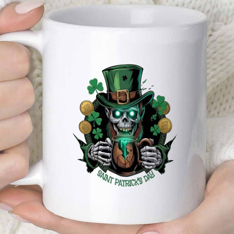 Tailorly White Ceramic 11 oz Mug - Saint Patricks Day Skeletal Figure Wearing Green Hat With Gold Coins And Shamrocks Leprechaun