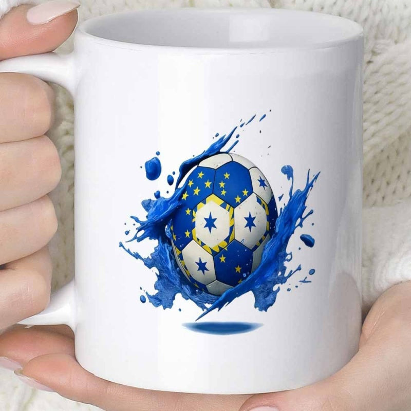 Tailorly White Ceramic 11 oz Mug - Vibrant Blue Paint Splash Surrounding A Decorative Star Patterned Soccer Ball