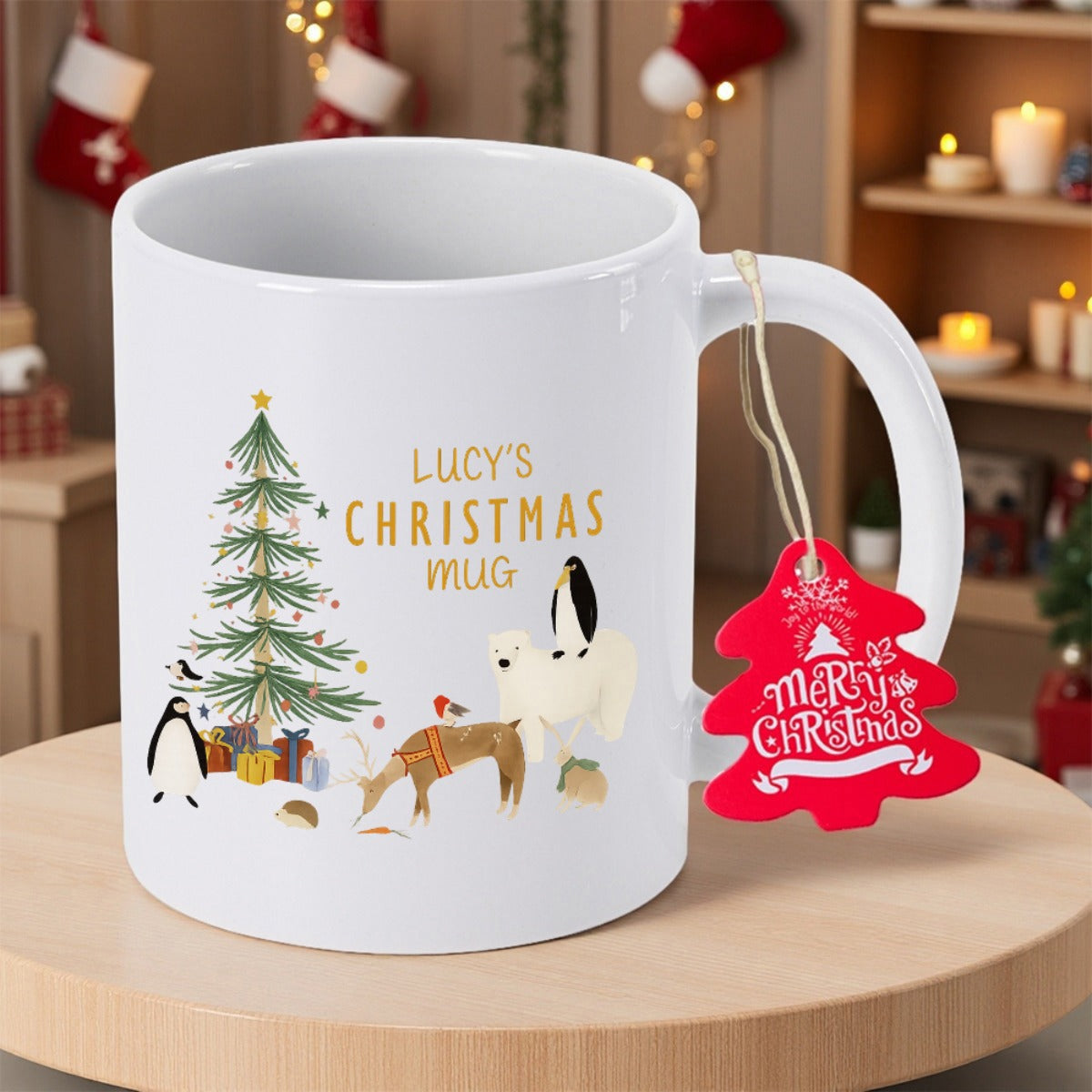 Tailorly White Ceramic 11 oz Mug - Lucys Christmas Mug Festive Winter Animals And Decorated Pine Tree Under Golden Lettering Mug