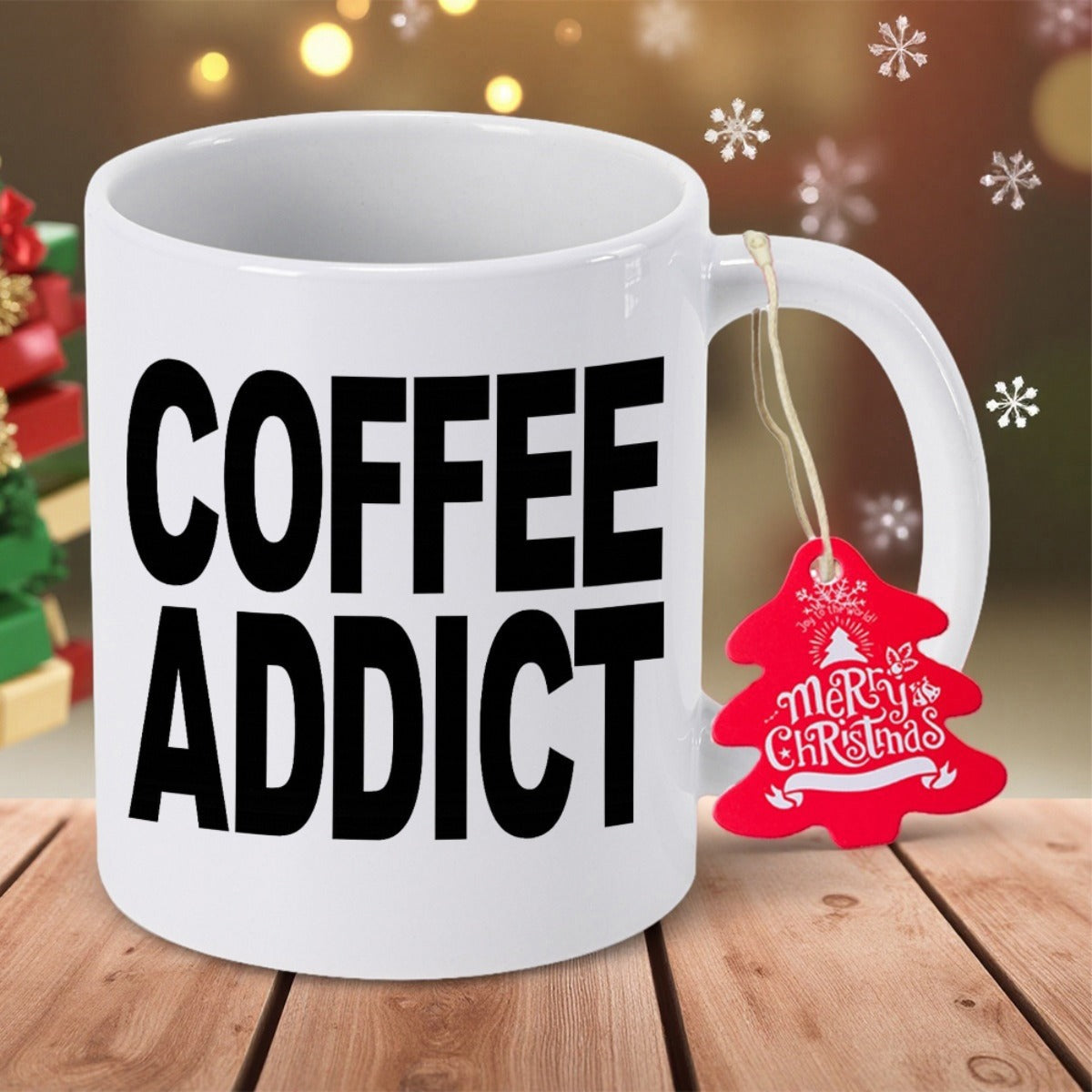 Tailorly White Ceramic 11 oz Mug - Coffee Addict Merry Christmas Bold Block Typography Standing On A Rustic Wooden Table Mug