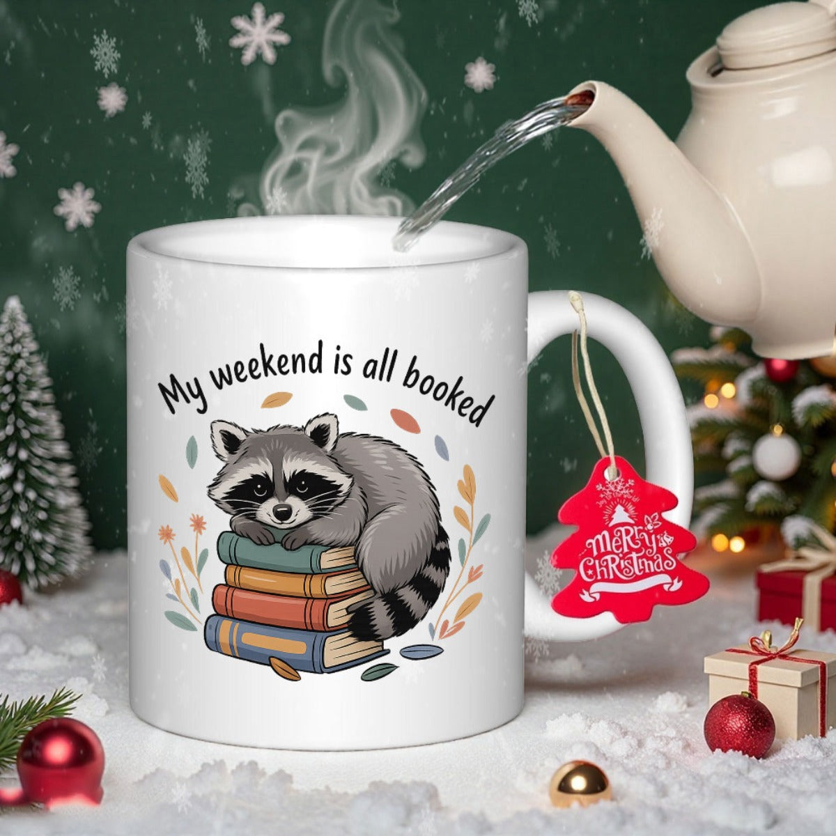 Tailorly White Ceramic 11 oz Mug - My Weekend Is All Booked Cute Furry Animal Resting Atop A Stack Of Colorful Books Raccoon