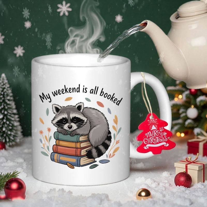 Tailorly White Ceramic 11 oz Mug - My Weekend Is All Booked Cute Furry Animal Resting Atop A Stack Of Colorful Books Raccoon