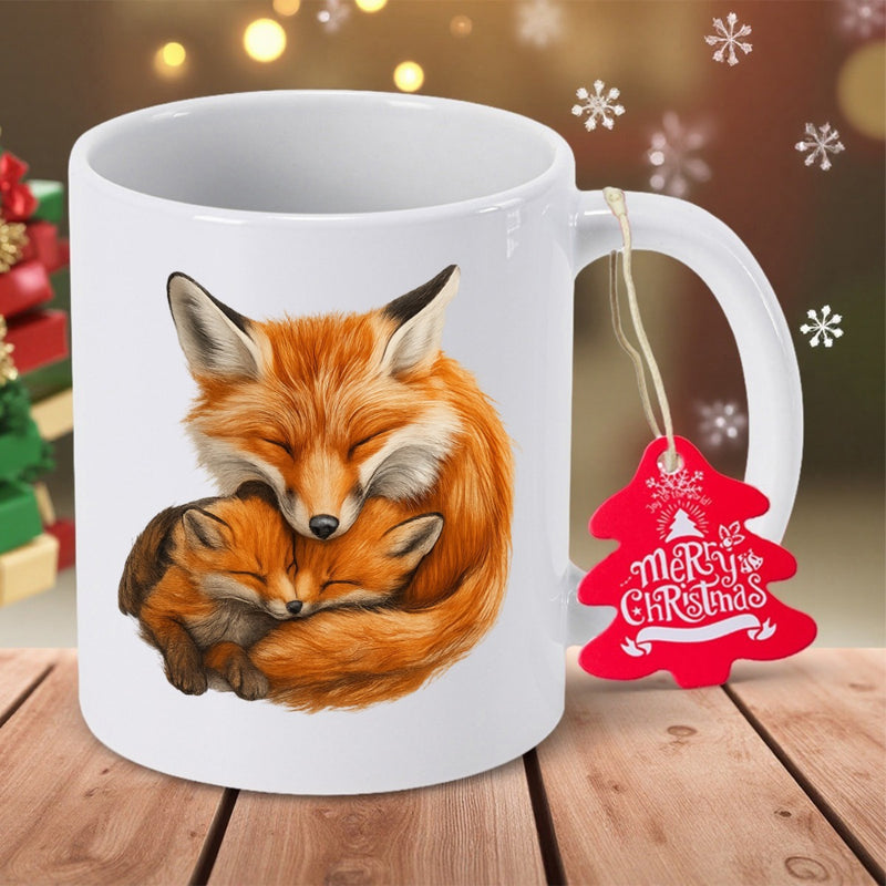 Tailorly White Ceramic 11 oz Mug - Merry Christmas Warm Artistic Red Foxes Cuddling Peacefully Together In A Sweet Embrace Fox