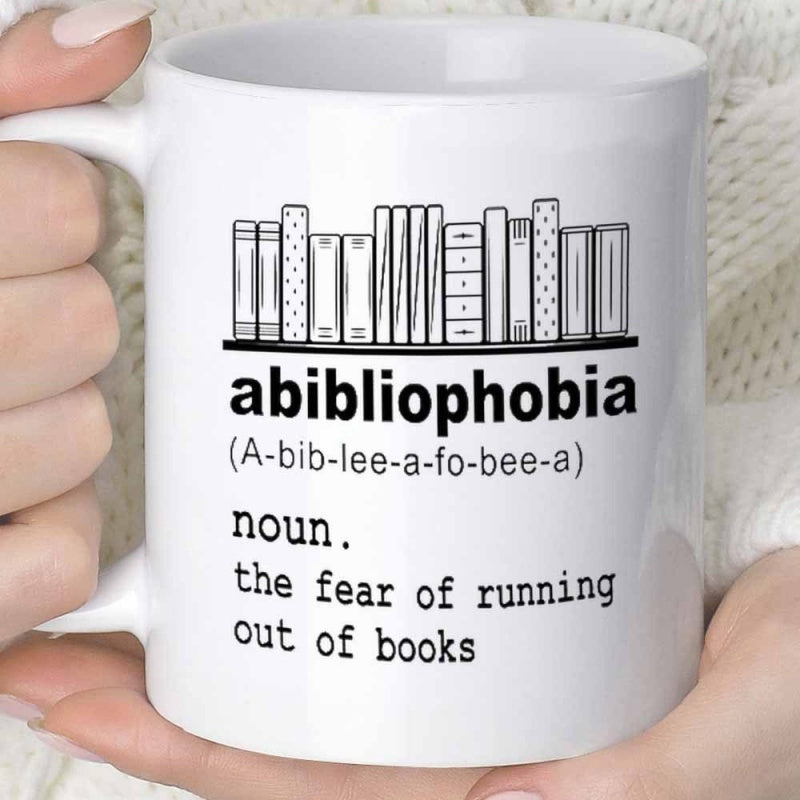 Tailorly White Ceramic 11 oz Mug - Abibliophobia The Fear Of Running Out Of Books Minimalist Black And White Line Art Style Displaying A Neat Library Books