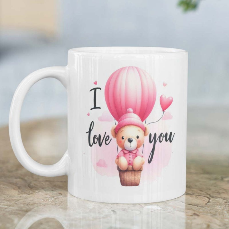 Tailorly White Ceramic 11 oz Mug - I Love You Adorable Soft Pink Hot Air Balloon Floating In The Pastel Sky Teddy Bear