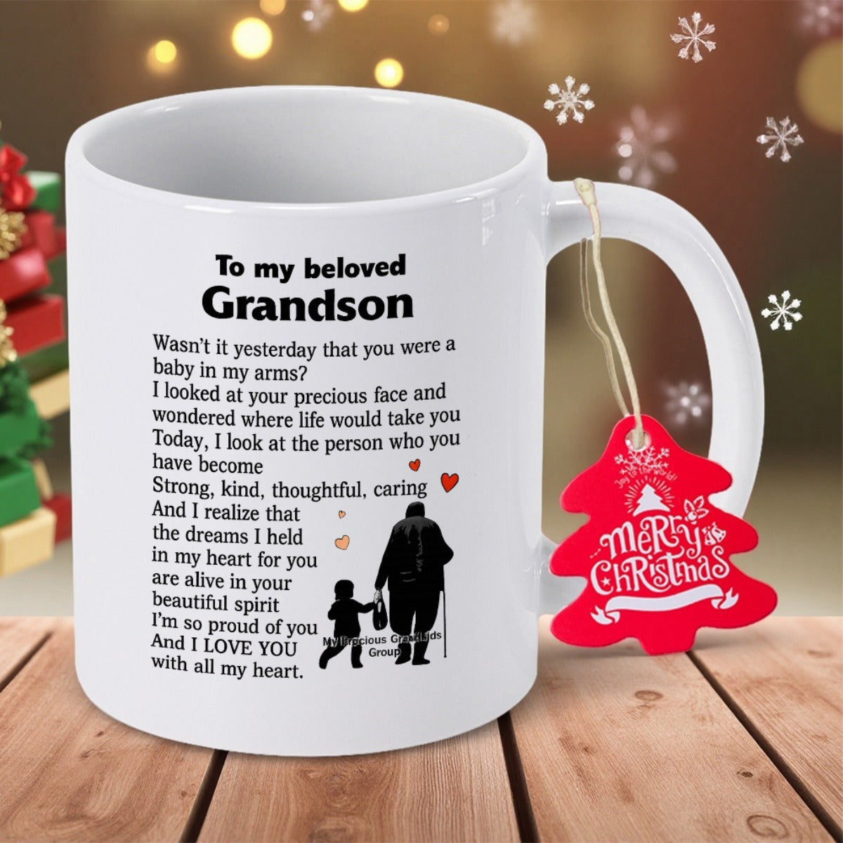 Tailorly White Ceramic 11 oz Mug - To My Beloved Grandson Walking Together Hand In Hand With Sentimental Poem Decoration Silhouette
