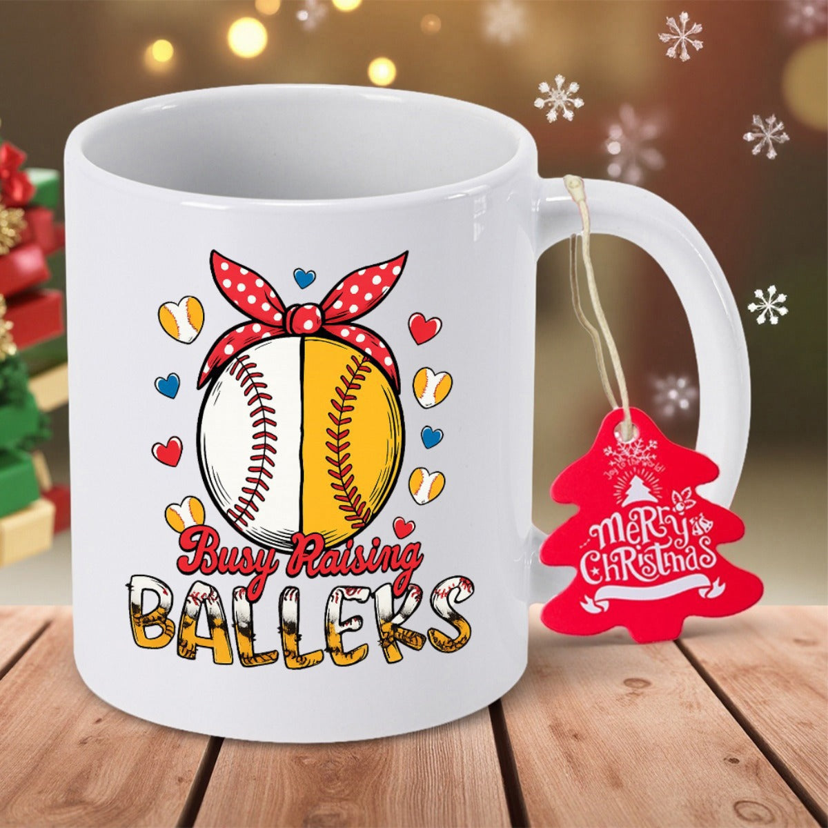 Tailorly White Ceramic 11 oz Mug - Busy Raising Ballers Vibrant Sporty Motif With Polka Dot Bow And Tiny Hearts Ball