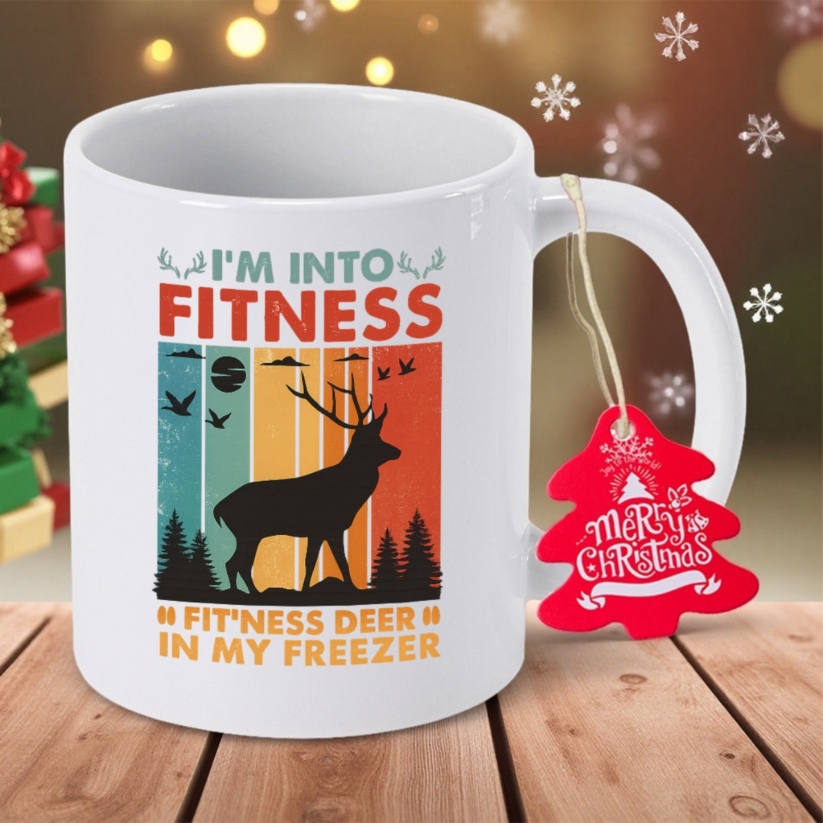 Tailorly White Ceramic 11 oz Mug - Im Into Fitness Fitness Deer In My Freezer Majestic Buck Silhouette Standing Before A Retro Sunset With Forest Pines Deer