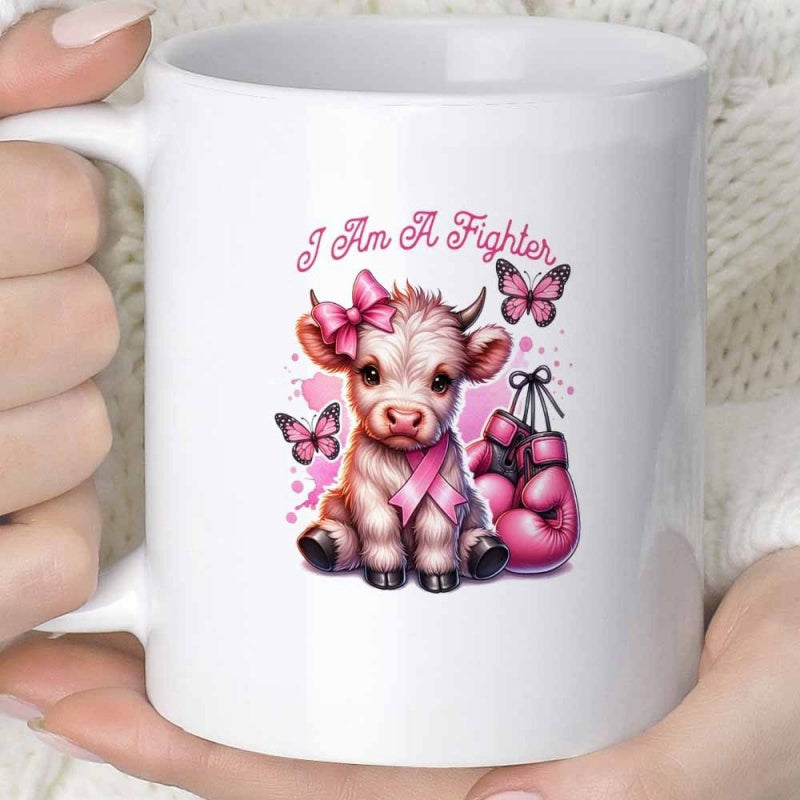 Tailorly White Ceramic 11 oz Mug - I Am A Fighter Charming Little Calf With Pink Ribbon And Boxing Gloves Cow