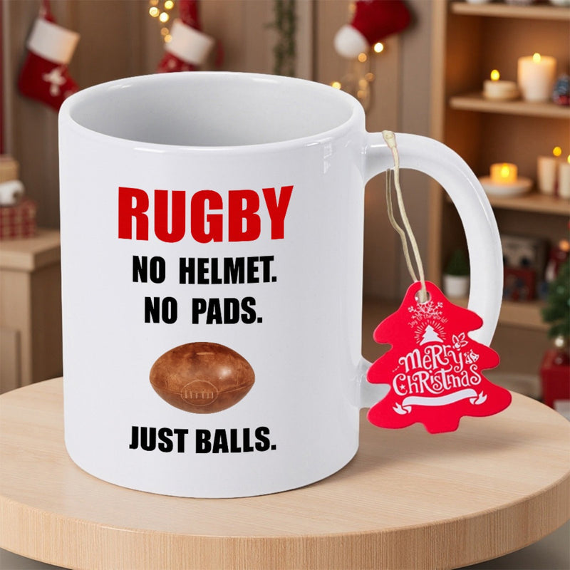 Tailorly White Ceramic 11 oz Mug - Rugby No Helmet No Pads Just Balls Classic Textured Brown Leather Oval Shape Professional Athletic Equipment Rugby Ball