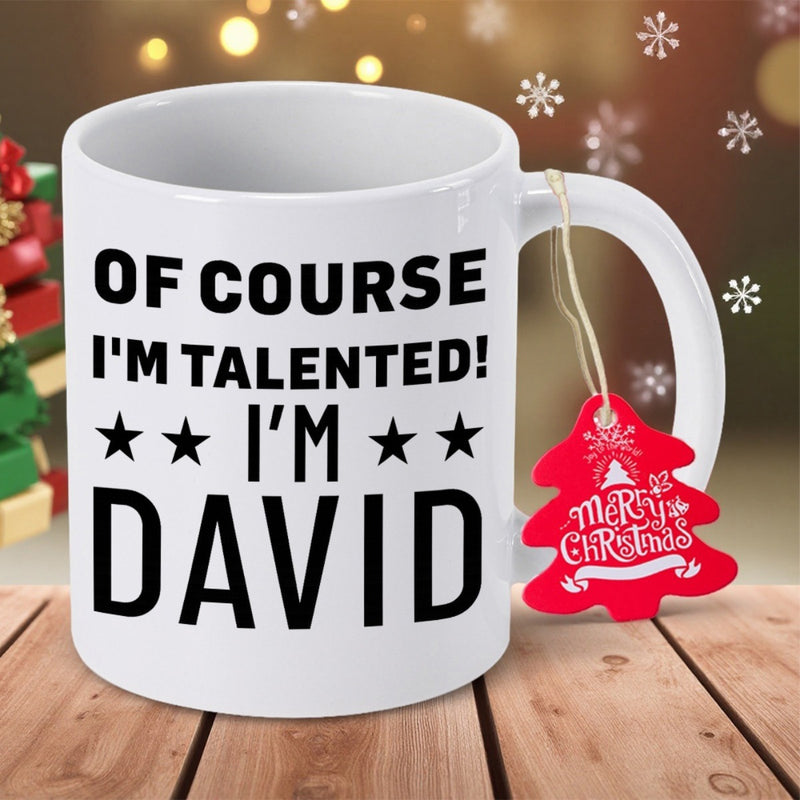 Tailorly White Ceramic 11 oz Mug - Of Course Im Talented Im David Minimalist White Surface With Bold Stars Under Contrast Text Mug