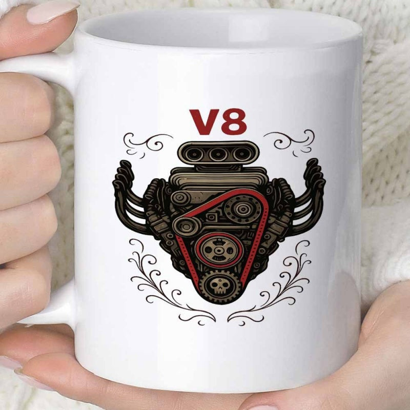 Tailorly White Ceramic 11 oz Mug - V8 Industrial Mechanical Supercharged Pulleys Surrounded By Artistic Swirls Engine