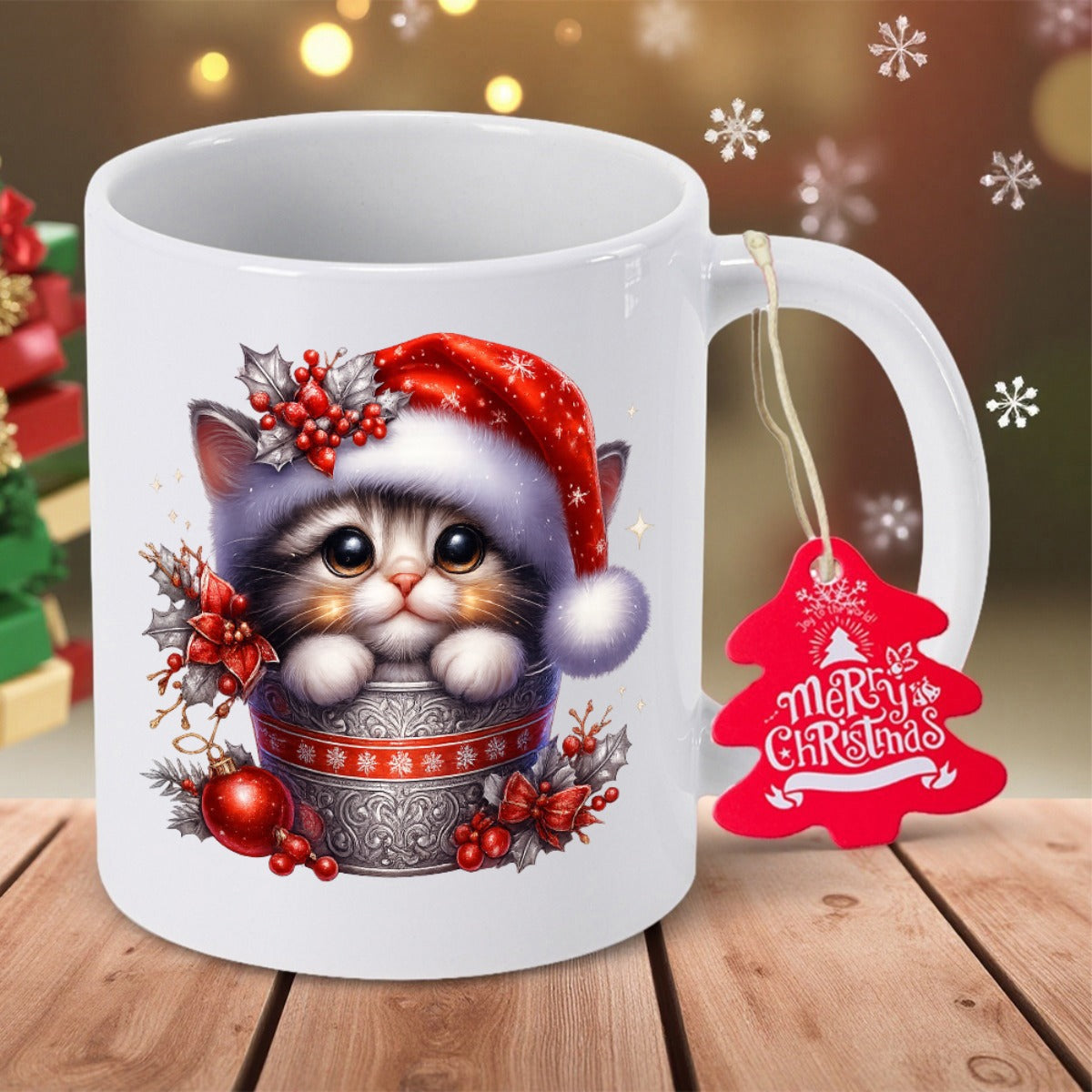 Tailorly White Ceramic 11 oz Mug - Merry Christmas Cute Kitten Wearing Santa Hat Sitting Inside A Festive Holiday Cup Cat