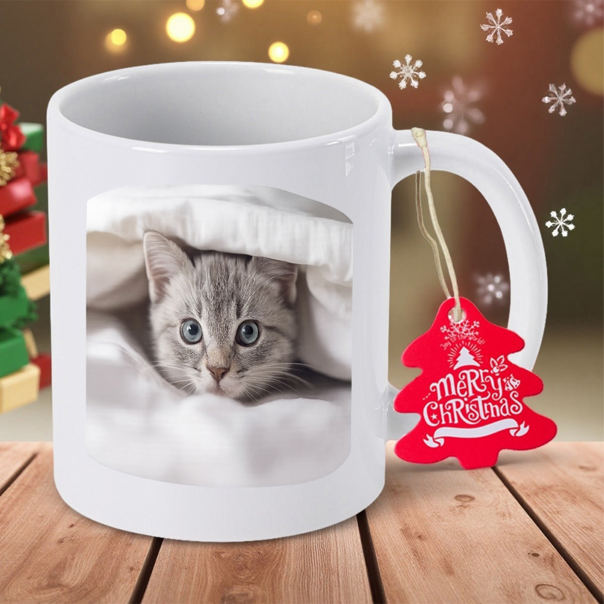 Tailorly White Ceramic 11 oz Mug - Merry Christmas Adorable Grey Tabby Kitten Peeking From Under Soft White Blanket Kitten