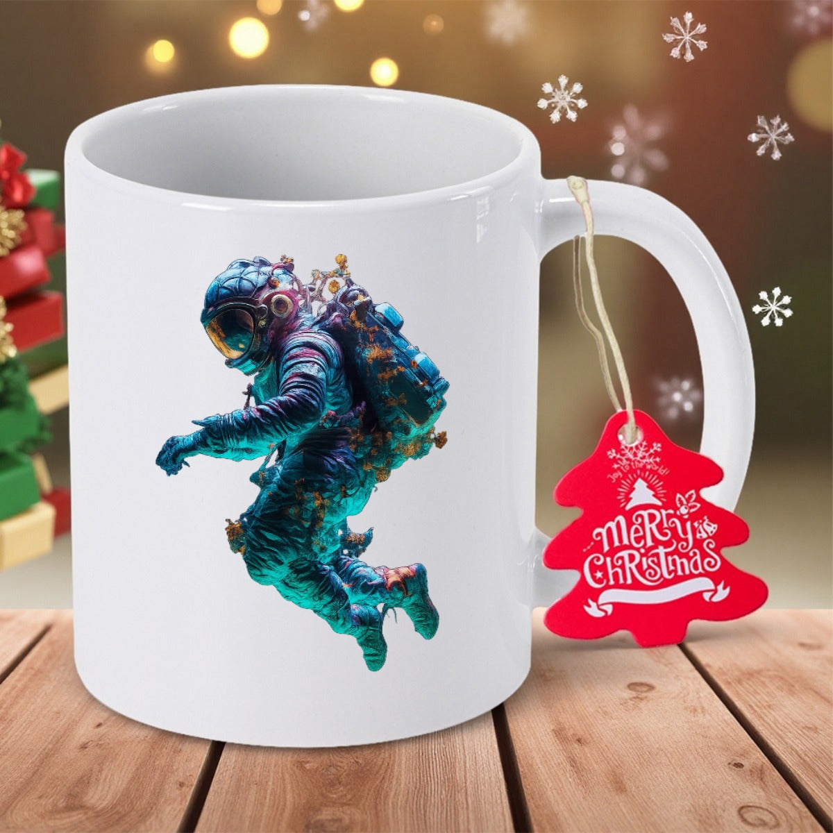 Tailorly White Ceramic 11 oz Mug - Merry Christmas Colorful Cosmic Suit Floating Through Space With Vibrant Artistic Galaxy Textures Astronaut